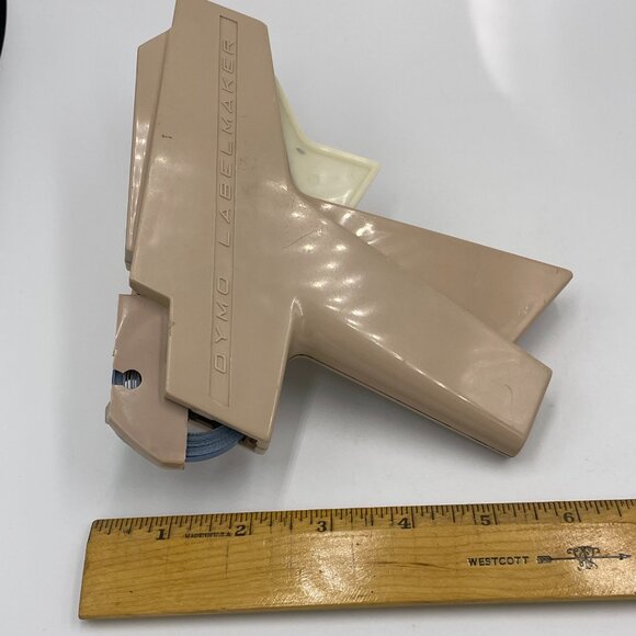 Vintage DYMO Label Maker Beige Tan With Partial Blue Roll Tape - Picture 10 of 10